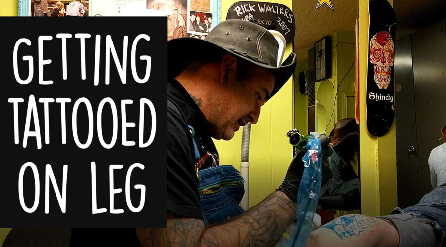 Getting tattooed on the leg – old hillbilly tattoo with moonshine and outhouse